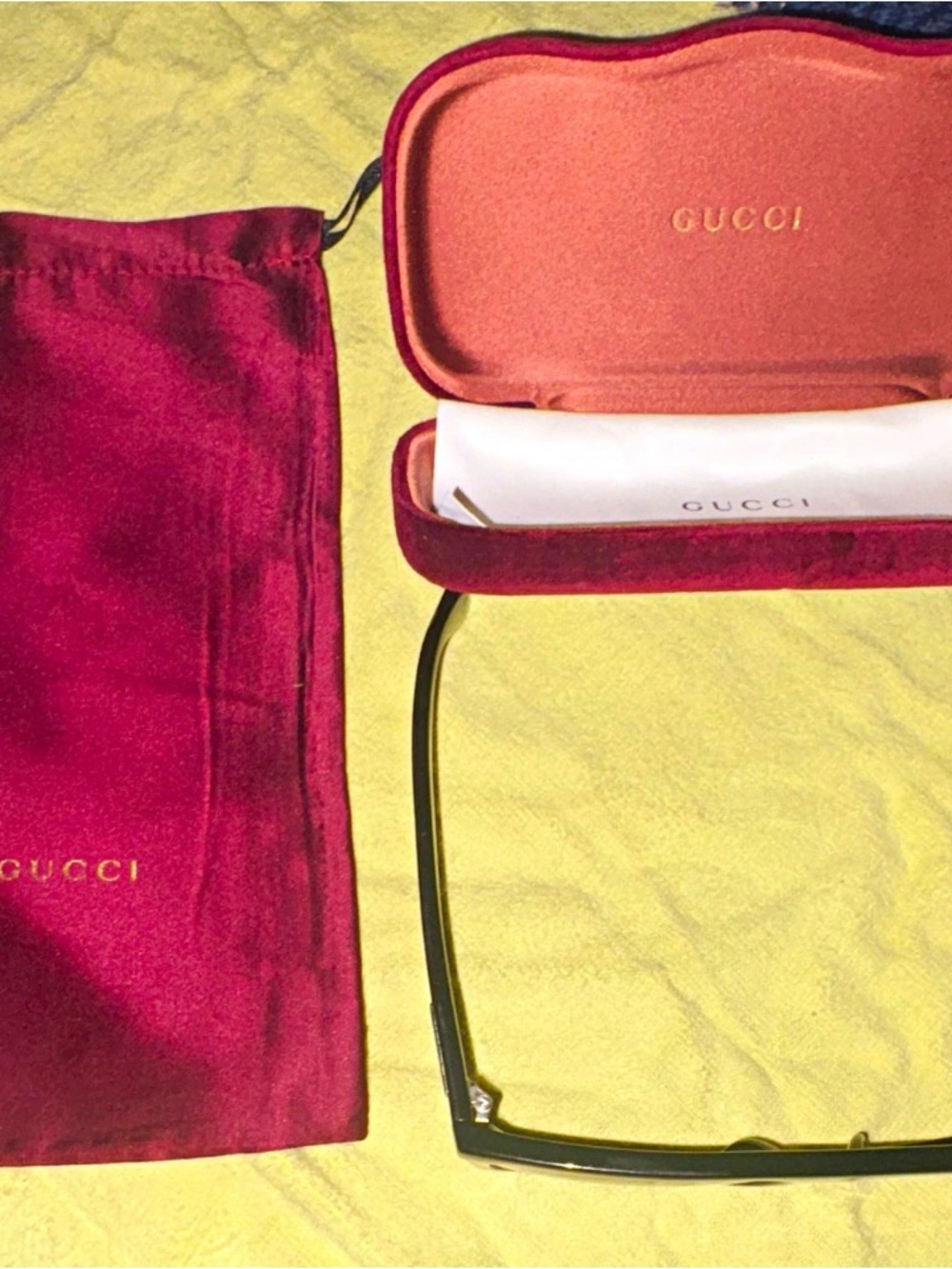 Gucci Velvet Sunglasses Case, Gucci Sunglasses, and Pouch in Berry Red and Coral